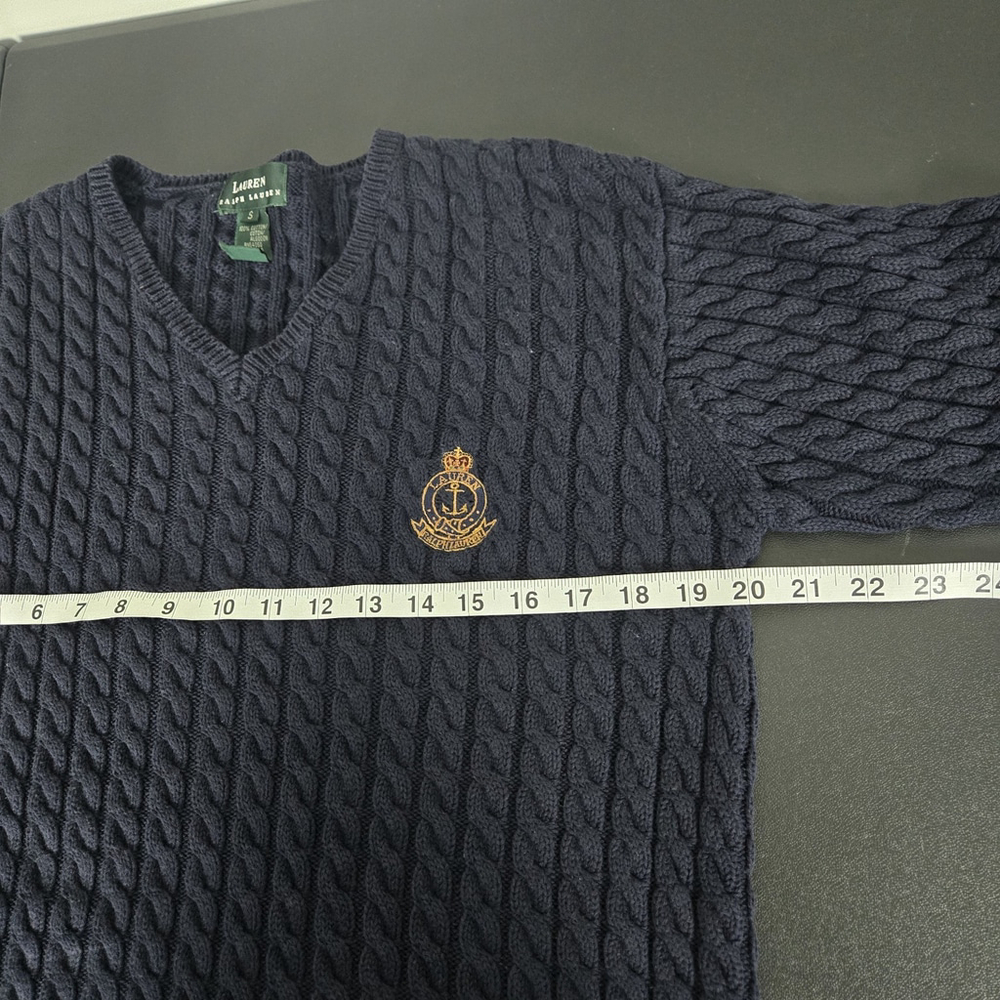 VTG Lauren Ralph Lauren Womens 90s Cable Knit Old Money Sweater Small Navy Crest - Picture 5 of 6